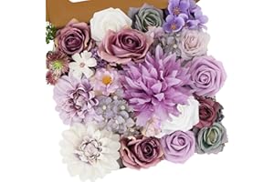 CEWOR Artificial Flowers Purple Flowers Mix Silk Flowers Dahlia Roses for DIY Bridal Wedding Shower Decoration Floral Arrangements for Table Centerpieces Party Home Decor Indoor Outdoor Purple-White