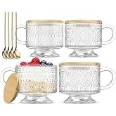 INSETLAN Vintage Glass Coffee Mug 14 oz, Set of 4, Gifts for Women | Pedestal Design, Embossed Overnight Oats Containers with