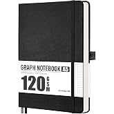 AHGXG Graph Grid Paper Notebook, 160 Pages, A5 Medium Size (5.7'' x 8.3'') | 120 GSM Thick Paper, Leather Hardcover, for School, Students, Math, Engineering (Black)