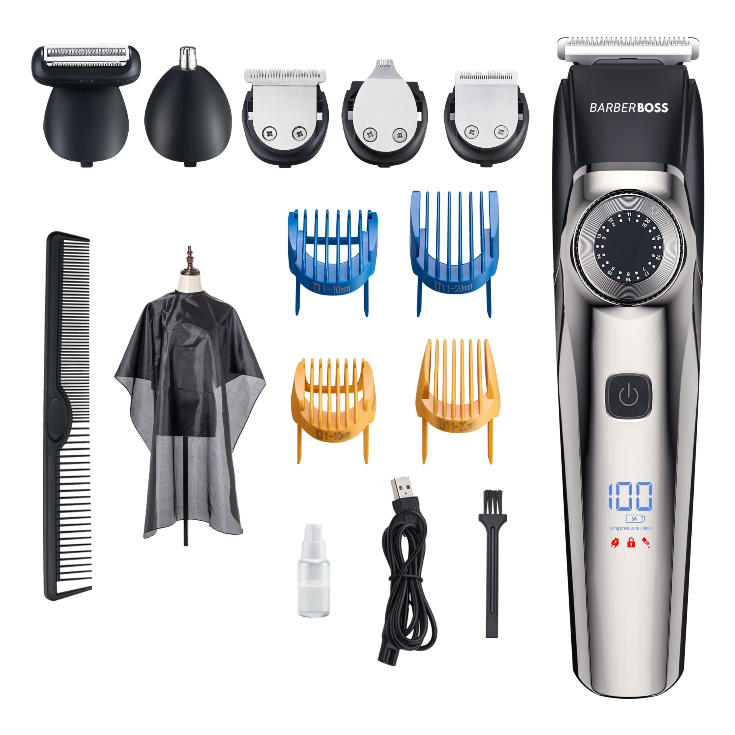 BarberBoss Professional Beard Trimmer Men, Hair Clipper, Waterproof Design, Precision Dial, Grooming Kit - Ear & Nose, 39 Cutting Lengths, Comb Attachments, LED Display
