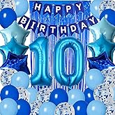 10th Birthday Decorations for Boys Blue Happy 10th Birthday Banner Tenth Bday Supplies 32inch Number 10 Balloons Fringe Curtain 10 Years Old Bday Party Supplies Kit for Him Her Girls (Blue)