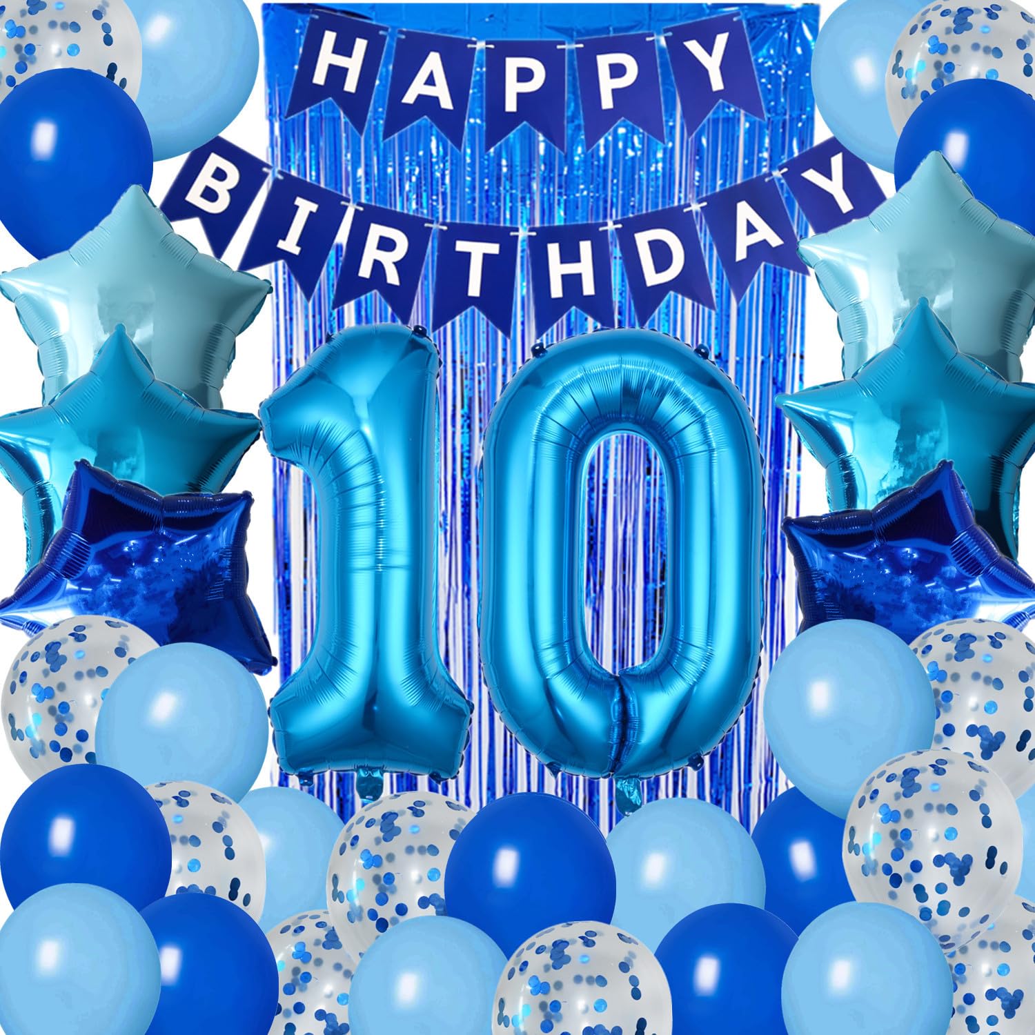 Photo 1 of 10th Birthday Decorations for Boys Blue Happy 10th Birthday Banner Tenth Bday Supplies 32inch Number 10 Balloons Fringe Curtain 10 Years Old Bday Party Supplies Kit for Him Her Girls (Blue)
