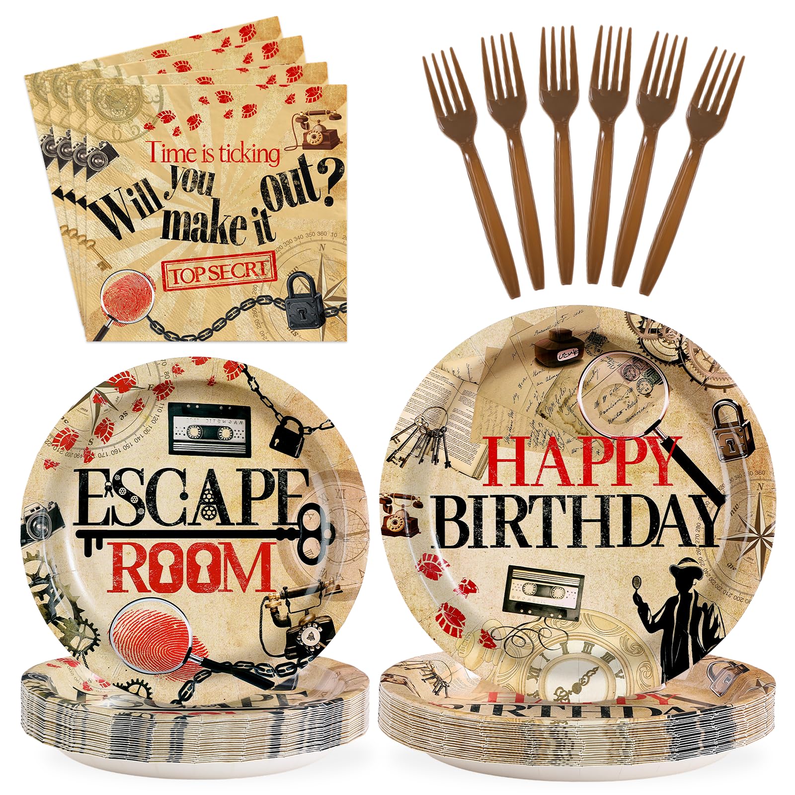 Photo 1 of 96 Pcs Escape Room Birthday Party Supplies Escape Room Paper Plates and Napkins Disposable Tableware Set for for Halloween Puzzle Clue Games Theme Kids Birthday Party Decorations Favors Serves 24