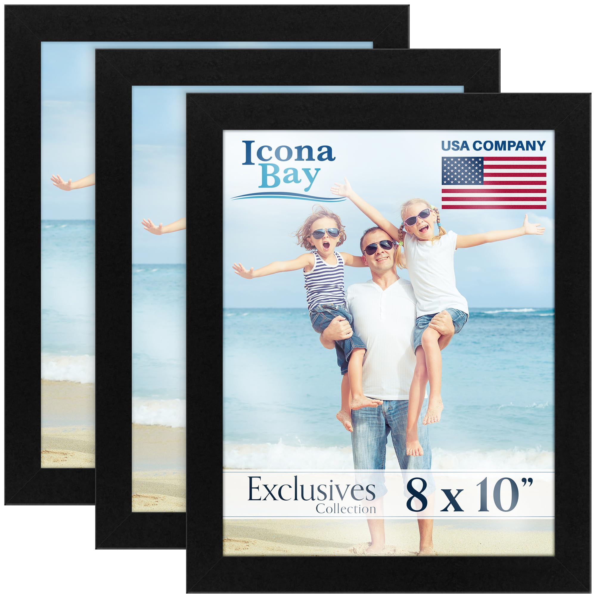 Icona Bay - 10x8 Picture Frames - Black, 3 Pack - Sturdy Engineered Wood Photo Frames 10 x 8 - Sleek Design, Table Top or Wall Mount - Exclusives Collection