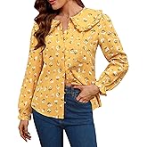 LOOKBOHO Women Spring Long Sleeve Shirts Peter Pan Collar Button Down Puff Sleeve Blouse Lightweight Casual Cotton Tops