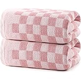REDKISS 2 Piece Pink Checkered Bath Towels Set - 27”x55” Highly Absorbent 600GSM Pink Cotton Towels for Bathroom Decoration, Retro Checkered Design
