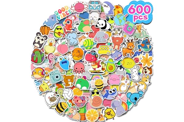 Apakkai Stickers for Kids, 600Pcs Water Bottle Stickers for Teens, Cute Vinyl Waterproof Aesthetic Scrapbook Halloween Stickers Pack for Laptop Computer, Kawaii Animal Stickers for Boys Girls Adults