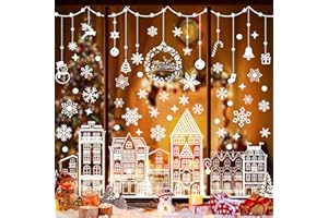 Jyanl 115pcs Christmas Window Clings 7 Sheets Cute White House Xmas Window Stickers Glass Snowflake Double-Sided Decals Christmas Decorations Party Winter Window Clings