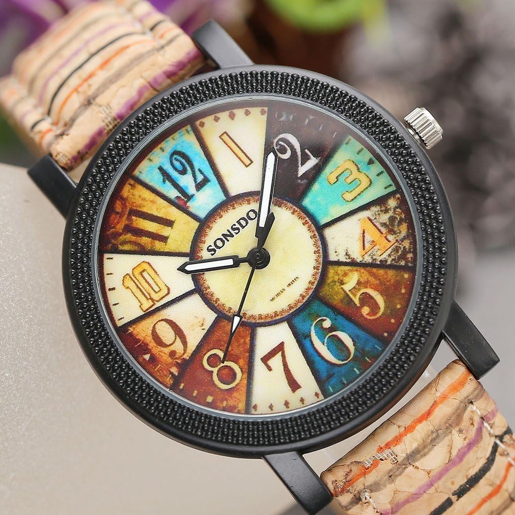 JSDDE Ladies'/Men's Wristwatch Retro Style Colourful Stripes Wood Cork Pattern Polyurethane Leather Analogue Quartz - Image 5