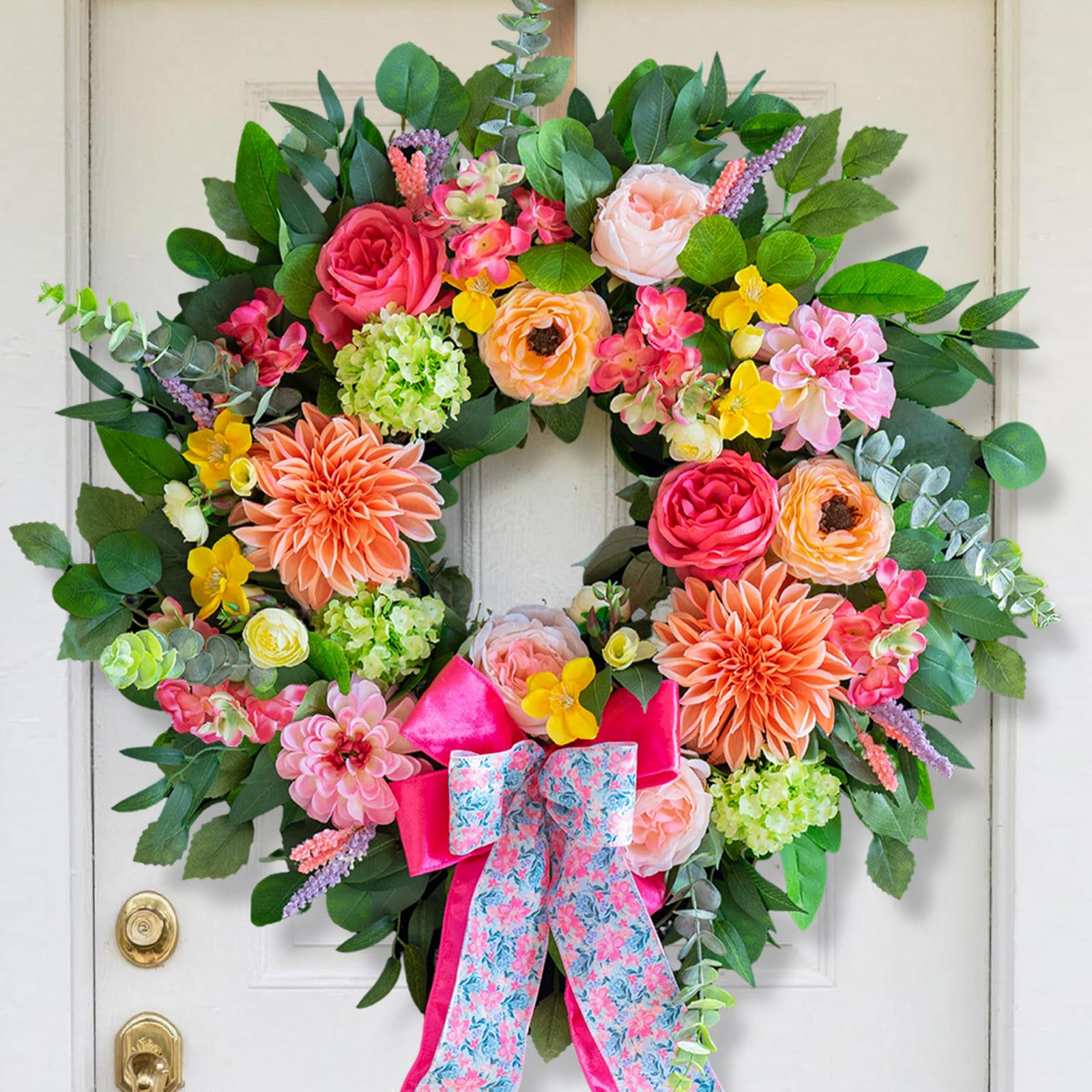 CHvista Spring Wreaths for Front Door 24 Inch Outdoor Spring Wreath with Pink Bow– Handmade Peach Dahlia & Garden Rose Summer Wreaths for Front Door,Farmhouse Home,Porch,Wall,Window Decor