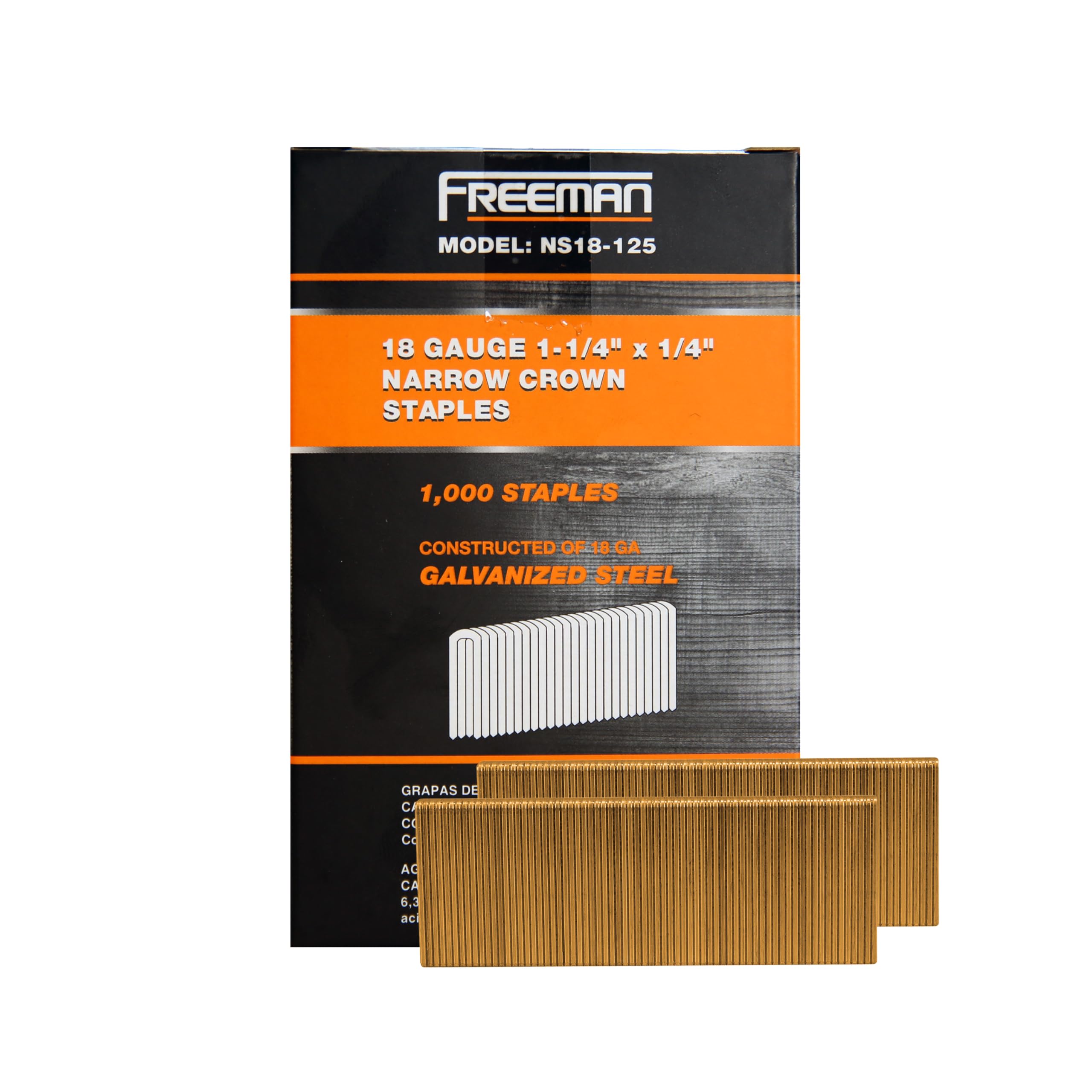 Photo 1 of Freeman 18-Gauge 1-1/4" Glue Collated Galvanized Narrow Crown Staples – 1,000 Count – Chisel Point, 1/4" Narrow Crown for Trim, Upholstery & Crafts