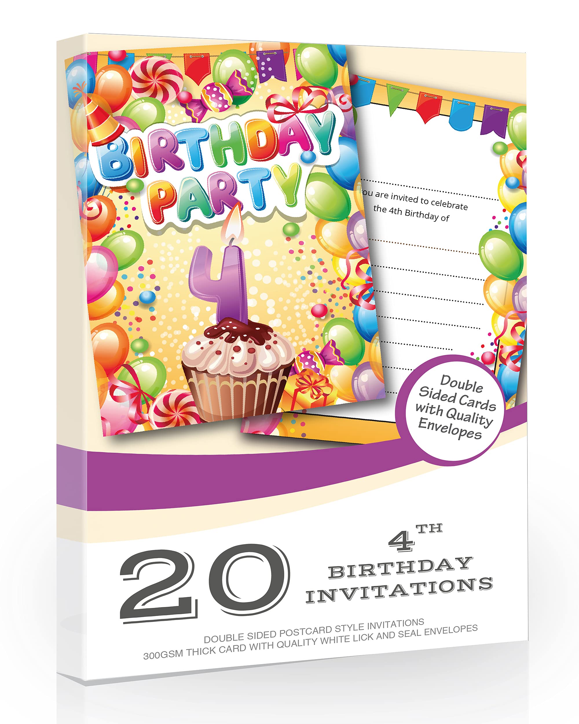 Olivia Samuel 20 x 4th Birthday Party Invites from Boy or Girl Bright Fun Design - Ready to Write with Envelopes