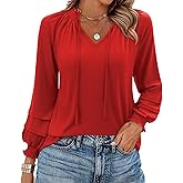 Uhiger Womens Tunic Tops 3/4 Sleeve Blouses for Women Dressy Casual V Neck Shirts Drawstring Smocked Top