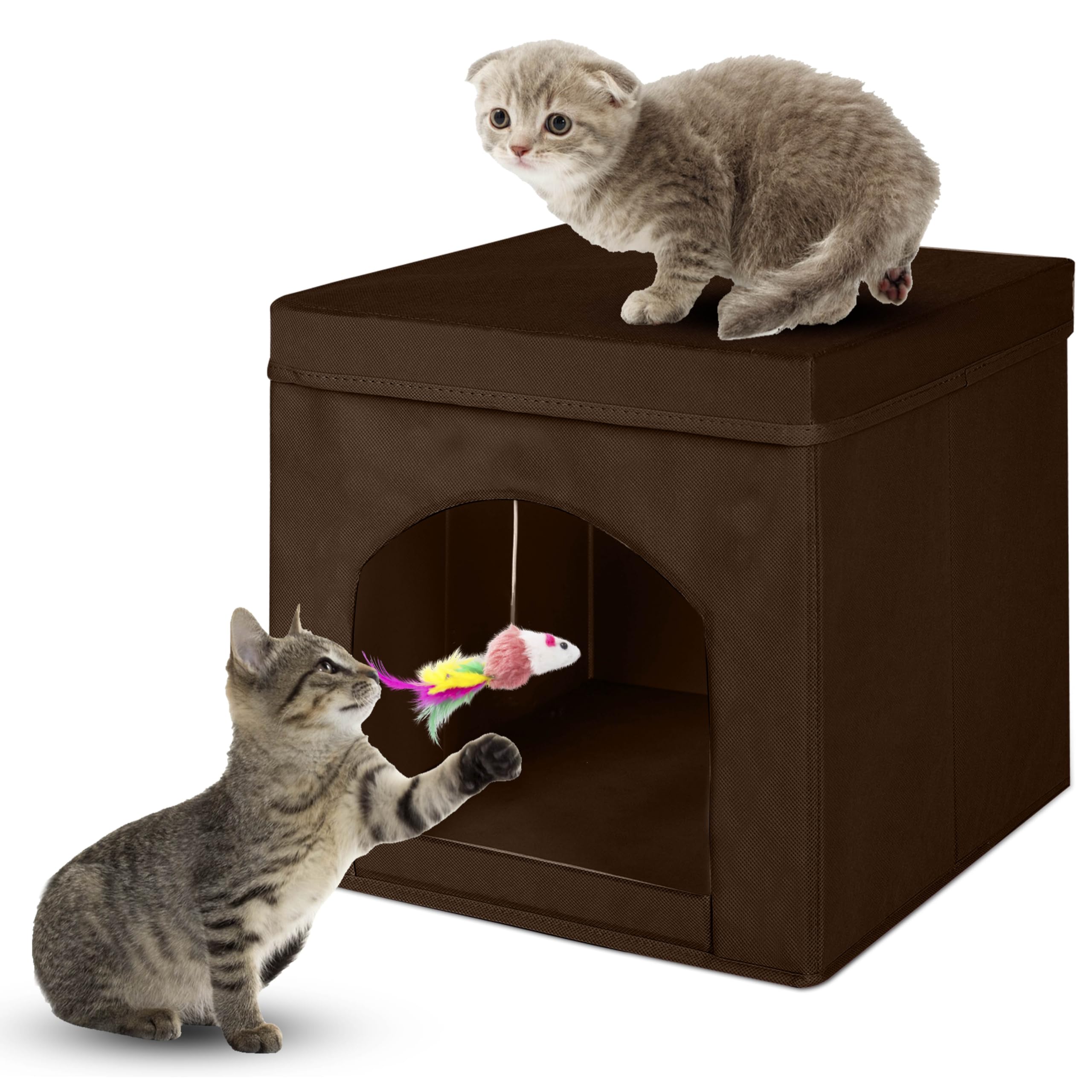 powerking Collapsible Cat House, Foldable Cat Cave with Lid, Coffee, 33 x 33 x 35 cm