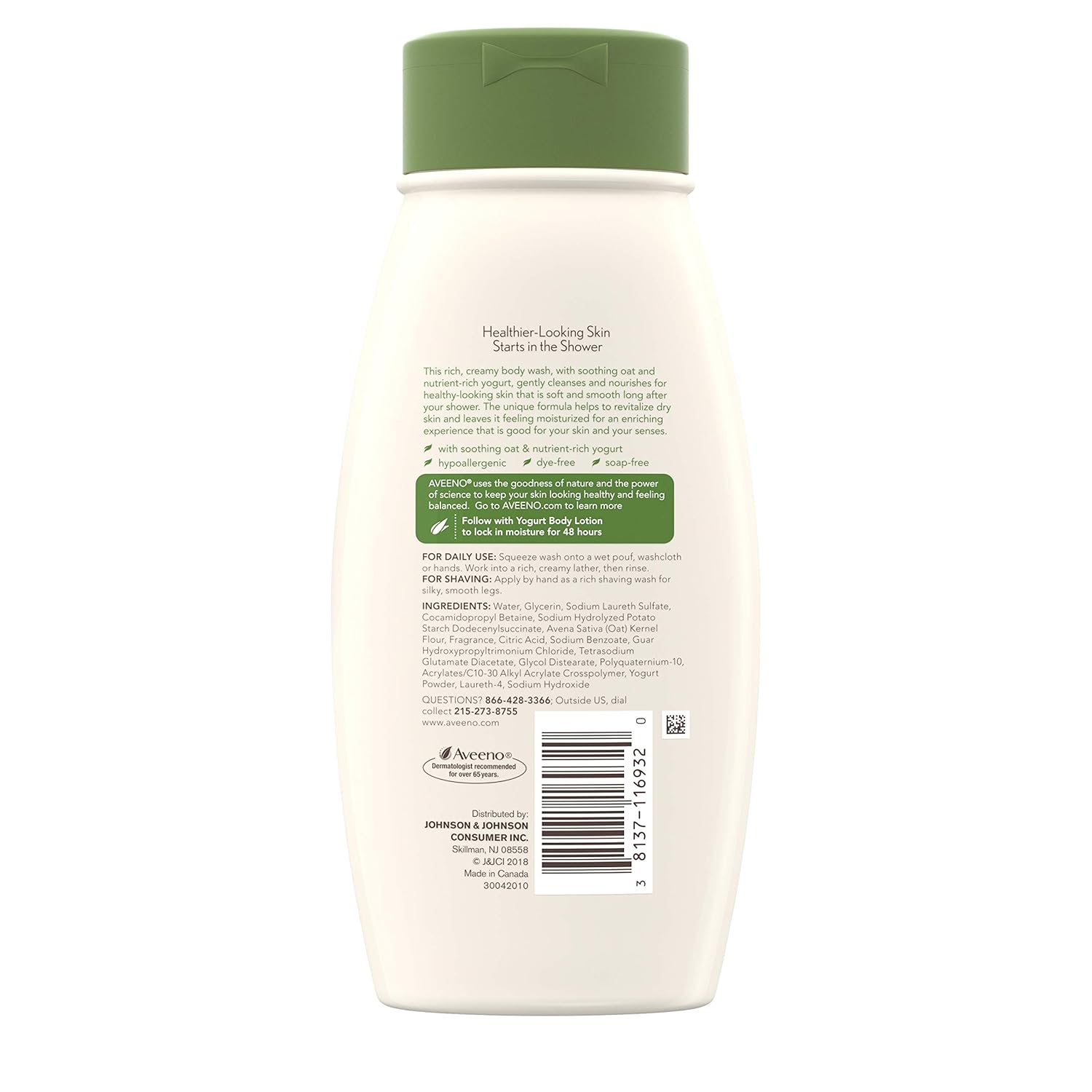 Aveeno Daily Moisturizing Yogurt Body Wash with Soothing Oat & Apricot Scent, Gentle Soap-Free Body Cleanser for Dry Skin, Dye-Free & Hypoallergenic, 18 fl. oz : Beauty