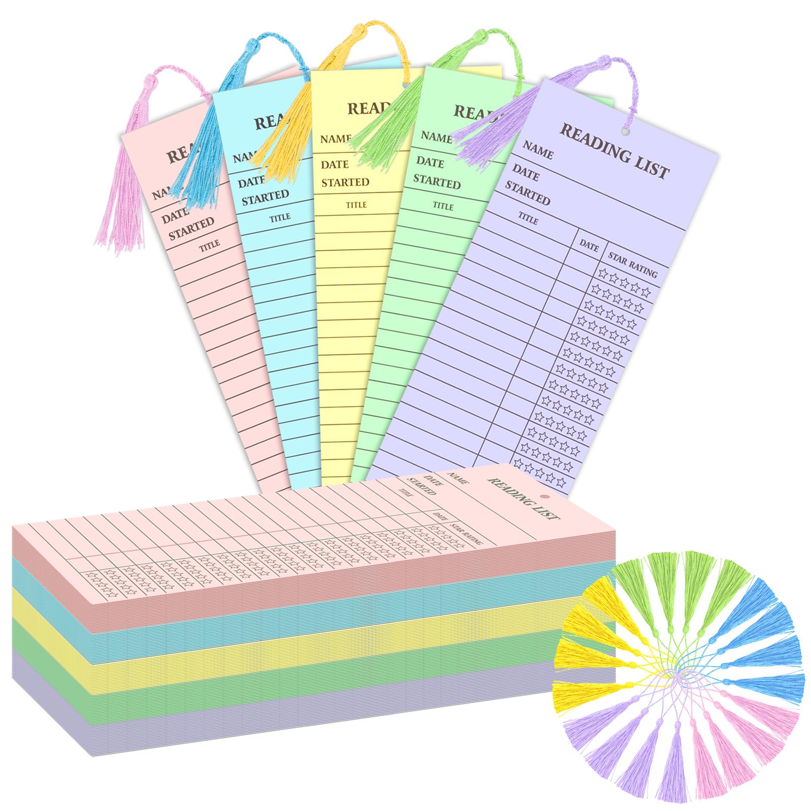 Photo 1 of 100 Pieces Reading List Bookmark with Tassels, 3 x 8 Inch 5 Colors Personal Libraries Cards 20 Pieces Tassels for Reading Lovers Kids Students Teachers(Pastel)