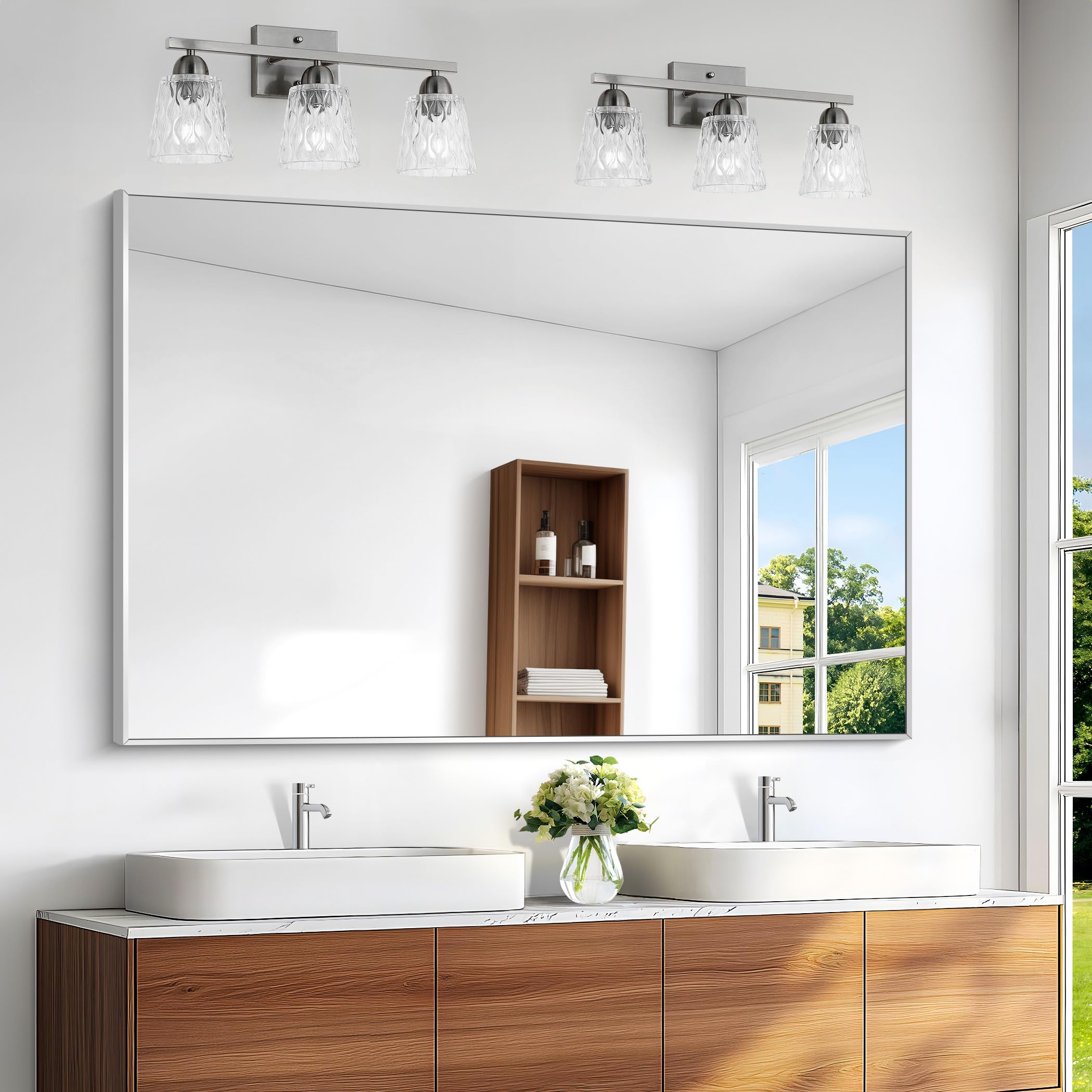 Photo 1 of BONEWEI Silver Bathroom Mirror,55x36 inch Wall Mirror for Bathroom Wall Mounted,Large Rectangle Mirror for Bathroom Over Sink,Modern Metal Frame for Living Room,Bedroom Entryway,Horizontal/Vertical