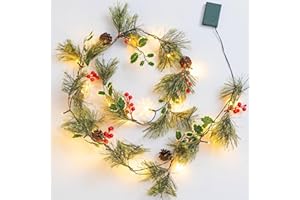 ETHEREAL LOMOER 6FT Lighted Christmas Garland Pre-lit with 20 LED Lights, Battery Operated, Rustic Christmas Garland Decorated with Pine Cones, Red Berries, Pineneedle for Mantle Stairs Wall, Indoor Outdoor Use