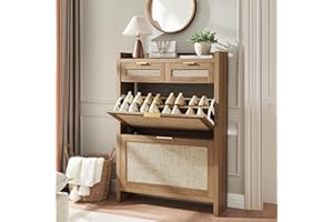 HOKYHOKY Rattan Shoe Storage Cabinet with 2 Drawers & 2 Flip Drawers – Hidden Slim Shoe Organizer for Entryway, Large Tabletop Space, Farmhouse Boho Narrow Shoe Rack, Rustic Oak