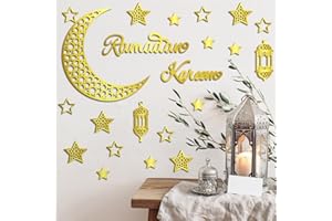 Geelin 23 Pcs Ramadan Decorations for Home 2025 Ramadan Eid Mubarak Wall Decor Islamic Wooden Gold Moon Star Lantern Wall Art Sign for Living Room Bedroom Muslim Arabic Party Supplies(Stylish)