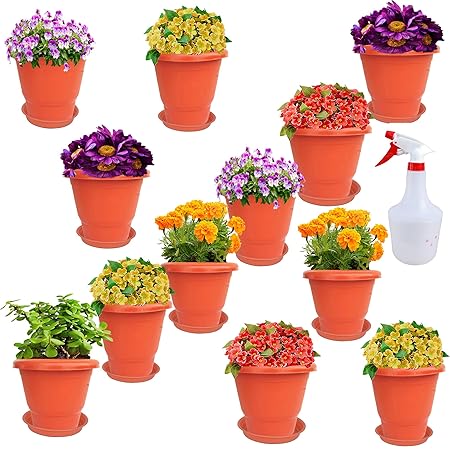 RED WIND Garden Balcony_ Size 10 Inch_ Flowering Planter_Pack of 12_ Terracotta Color_with Bottom Tray and Spray Water Bottle RWFP9
