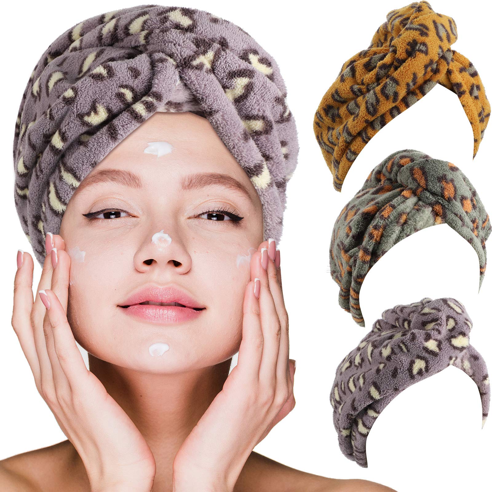 Geyoga 3 Pieces Leopard Microfiber Hair Towel Wrap Cap Anti-frizz Curly Turban Microfiber Bath Towel Hat for Fast Drying Wet Hair(Multi-colors)