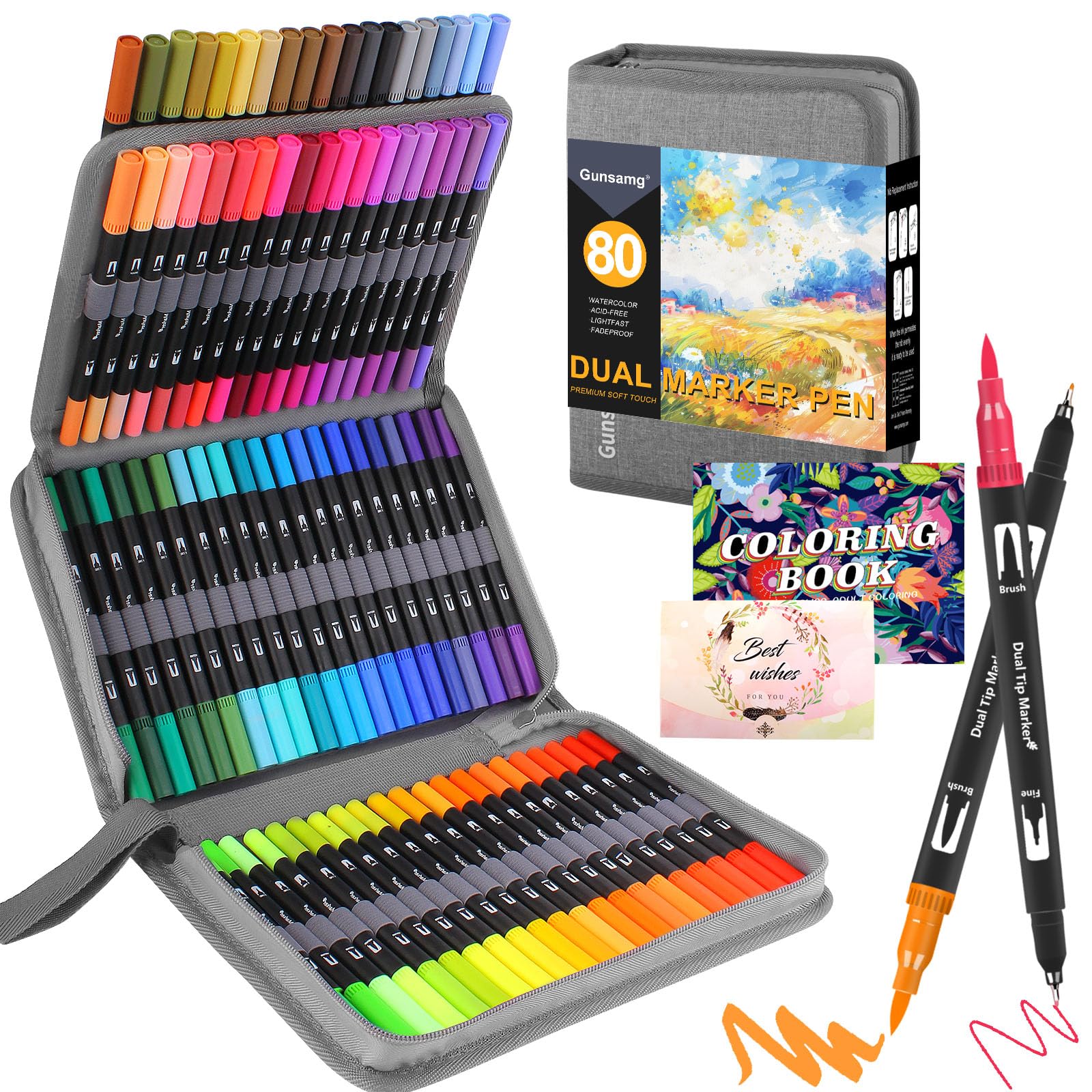 Gunsamg 80 Felt Pens for Painting Sketching Highlighting,Colouring Pens for Adults Coloring Books,Dual Tip Brush Pen Set with Colouring Book and Postcard Greeting Cards - Gift for Creative Soul…