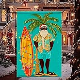 HOMETITUTE Tropical Black Santa Christmas Garden Flag 12x18 Inch Holiday Beach Theme Yard Banner Double Sided Seasonal Outdoor Summer Decoration with Surfboard Palm Tree for Porch Lawn Patio