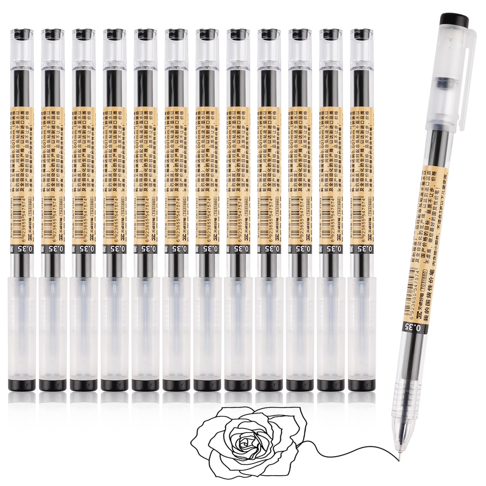 12 Pcs Gel Pens Black, Rollerball Pens, Smooth Writing pens, Ink pen for Writing, Liquid Ink Rollerball pens, pen Multipack, Handwriting Pens for School Kids Adult - 0.35mm