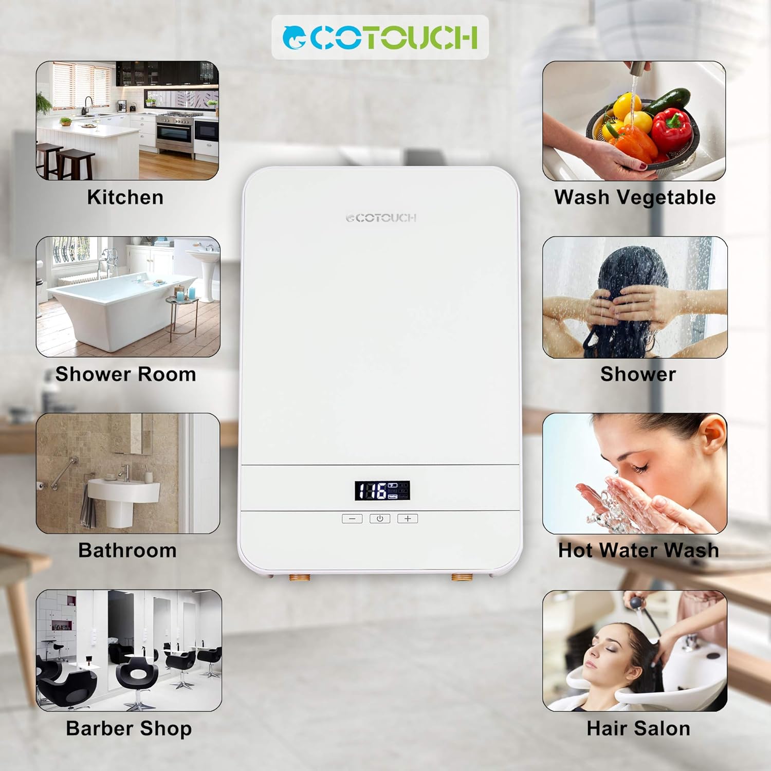 Tankless Water Heater Electric ECOTOUCH 9KW 240V on Demand Water Heater Self-Modulating Instant Hot Water Heater Point Of Use Water Heater ECO90 White - - 