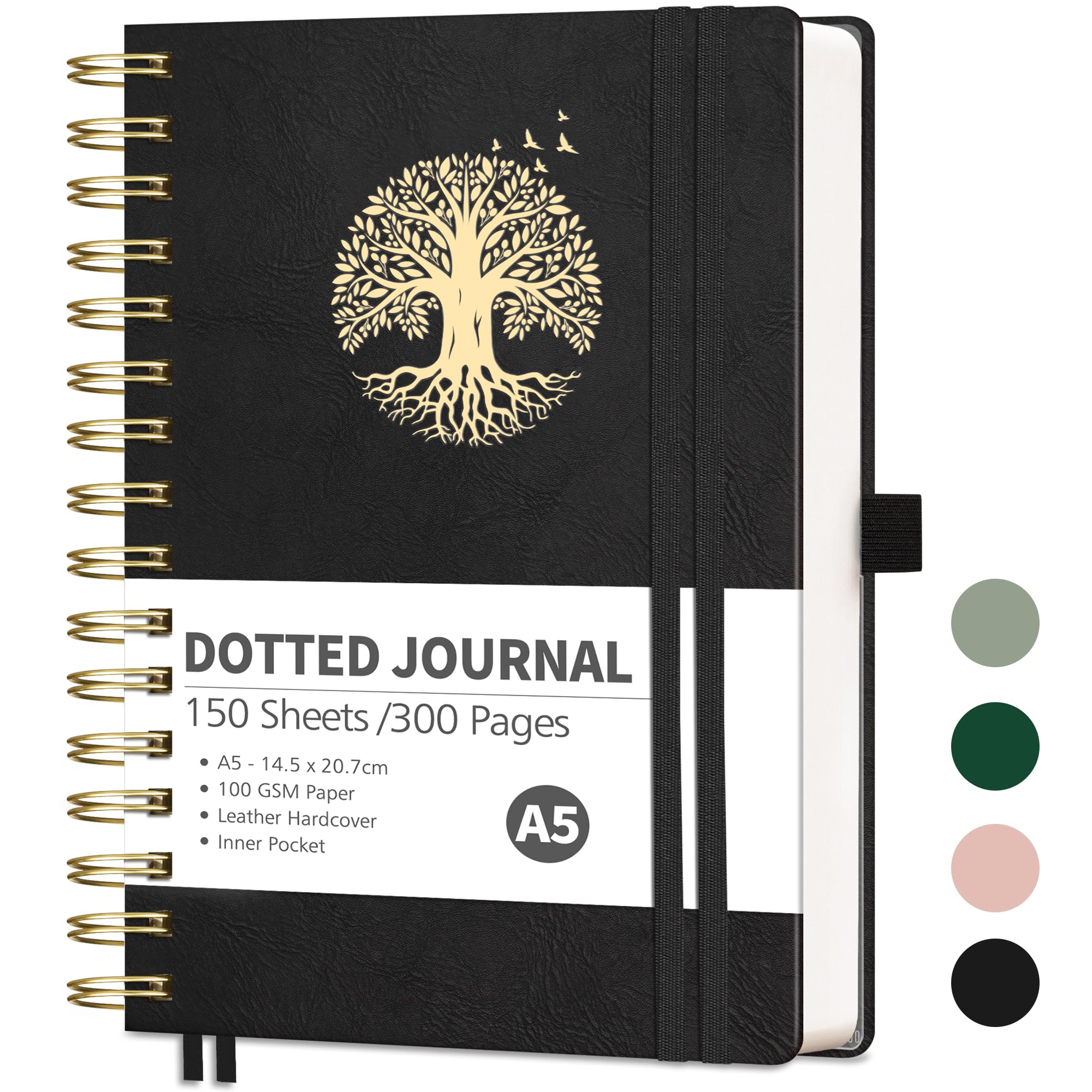 RETTACY Notebook A5 Bullet Dot Journals-Hardback leather Grid Dotted Journal,Spiral Sketchbook 300 Pages Notepad for Work School,100gsm Thick Paper,Bookmark, Stencils, Inner Pocket - Black โ image 1