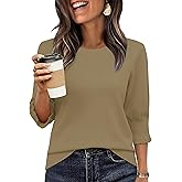 Totatuit Women 3/4 Pleated Sleeve Sweaters Casual Crew Neck Lightweight Knit Sweater Top Loose Basic Business Clothes