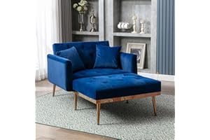 SULOPS 40.94'' Wide Modern Accent Chair with 3 Angles Adjustable Backrest+2-Pillow, Tufted Upholstered Chaise Lounge Chair, Recliner Armchair & Ottoman Set for Living Room, Bedroom (Velvet Navy)
