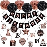 BRT Bearingshui Happy 18th Birthday Hanging Swirls Streamers & Banner with Tissue Pompoms, Rose Gold & Black 18 Years Old Party Hanging Backdrop Decorations
