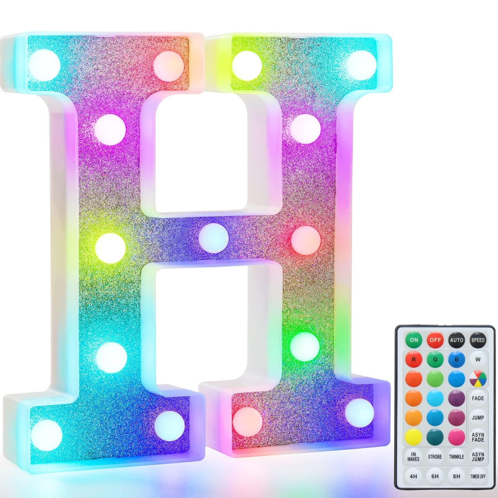 Colorful Light Up Letters, Glitter LED Letter Lights 18 Color Changing Shiny Alphabet Sign Gifts for Girls Women Party Birthday Decorations Remote Night Light Christmas Valentine Wall Table Decor - H