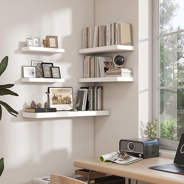 HEIMLOVE 24 INCH FLOATING SHELVES FOR WALL,9.3 INCH DEEP WHITE WOOD SHELVES WITH INVISIBLE BRACKETS,WALL MOUNTED STORAGE & DISPLAY SHELVES FOR BEDROOM,LIVING ROOM,SET OF 2