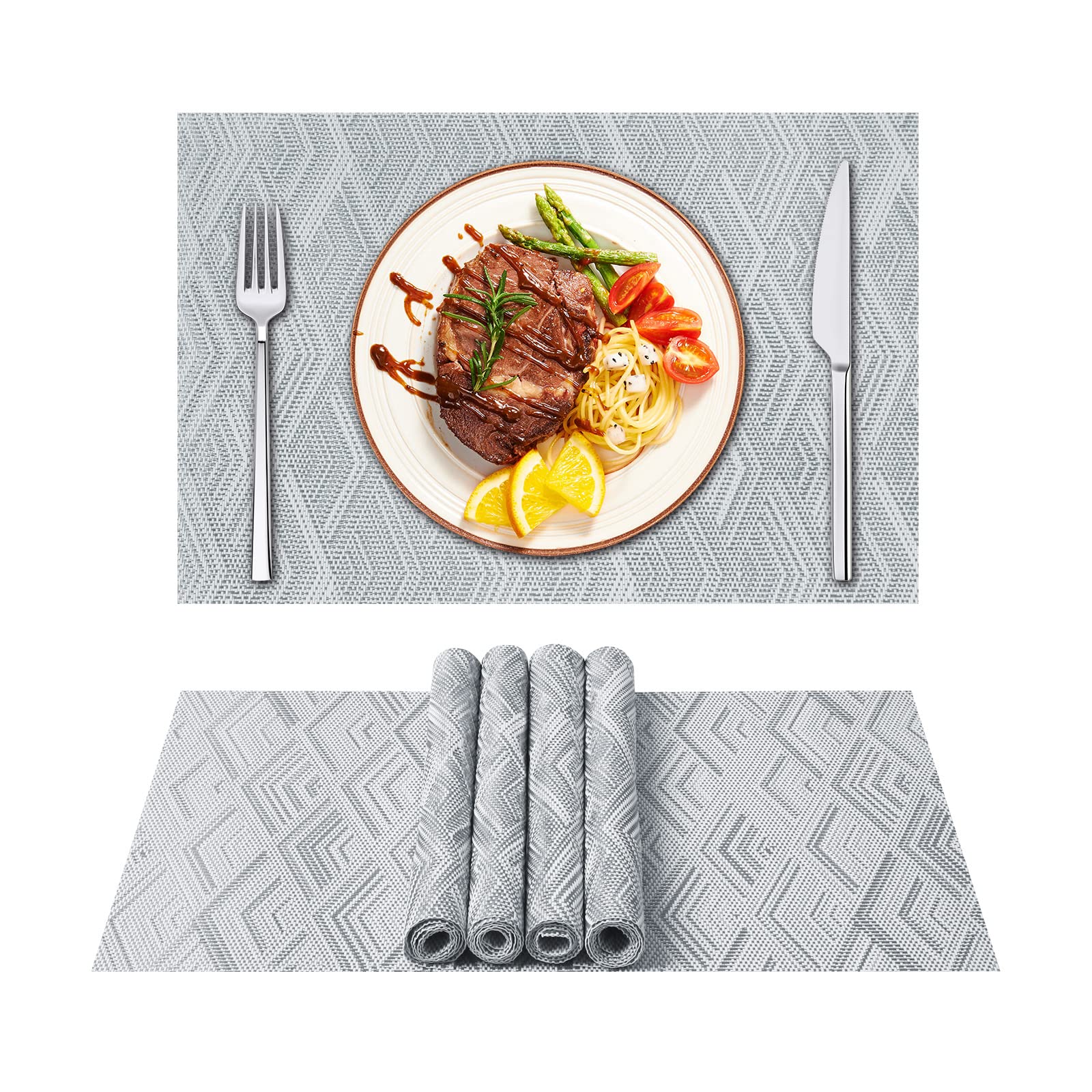 ASYOUWISH Set of 6 PVC Kitchen Table Place Mats, Non-Slip and Washable? Ecological, Ideal for the Kitchen Light Grey