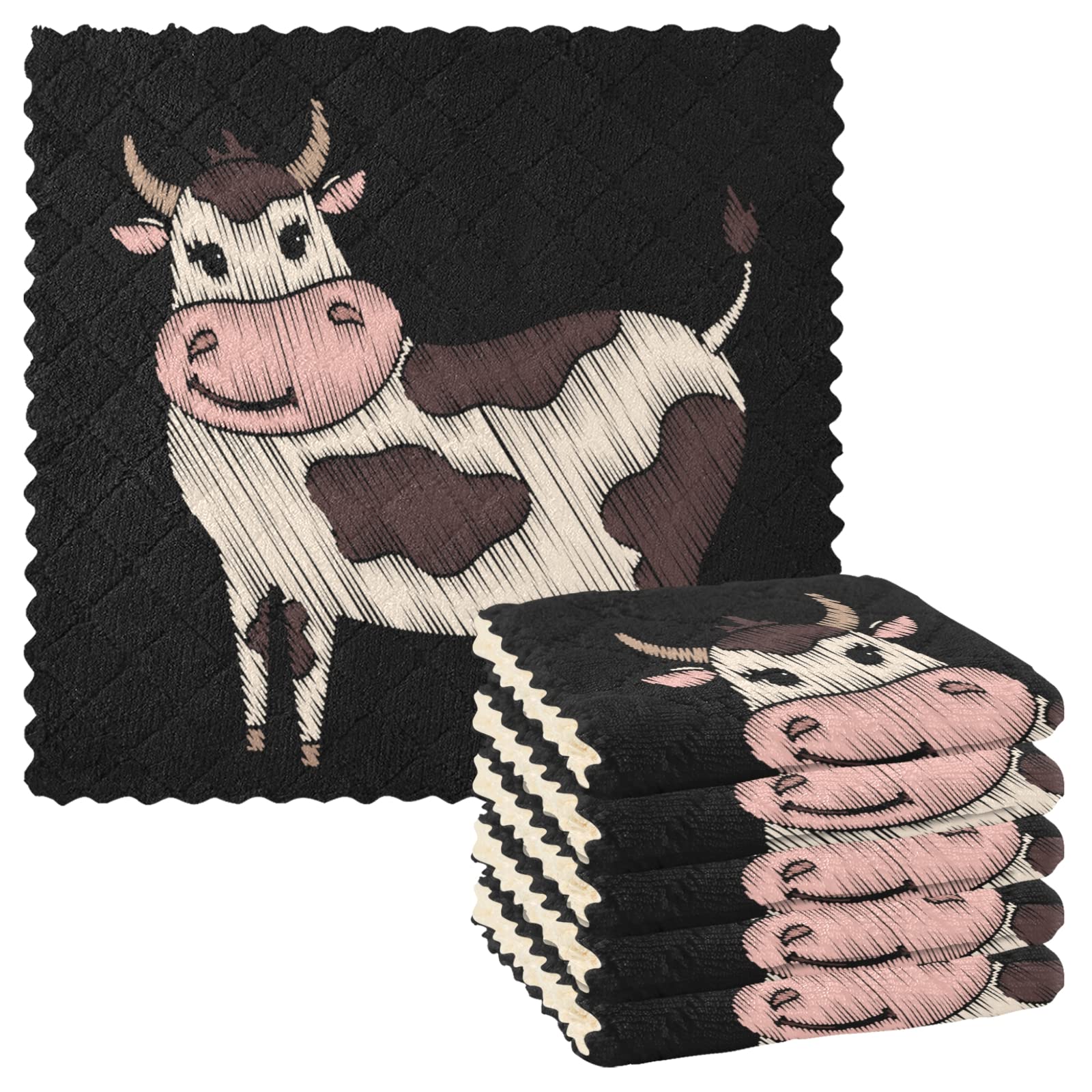 Mnsruu Kitchen Dish Cloth Cute Cow 6 Pack Tea Towels Polyester Dish Towels Hand Towel for Kitchen