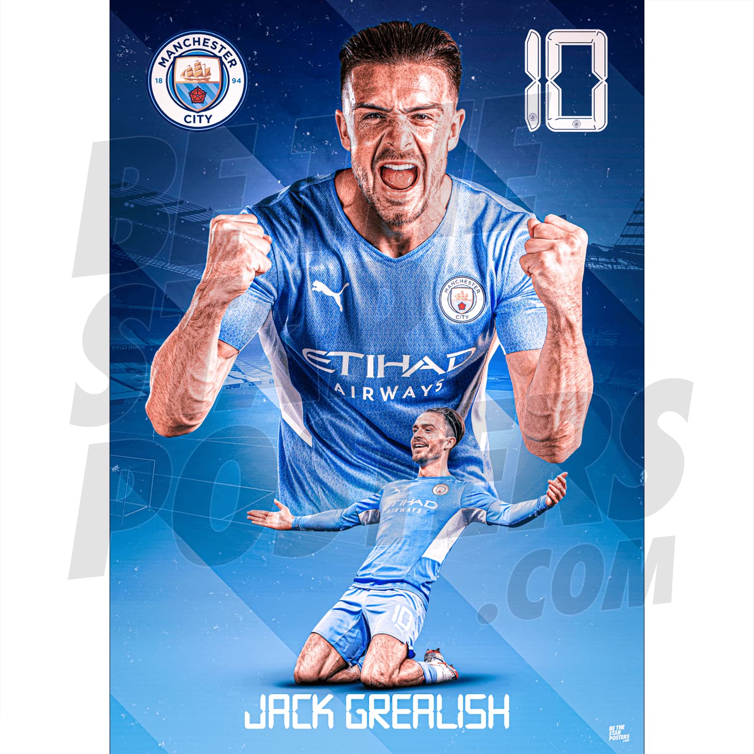 Be The Star Posters Man City FC Grealish Action 21/22 Poster A2 - Officially Licensed Product, Blue, 16.5 x 23.3 inches