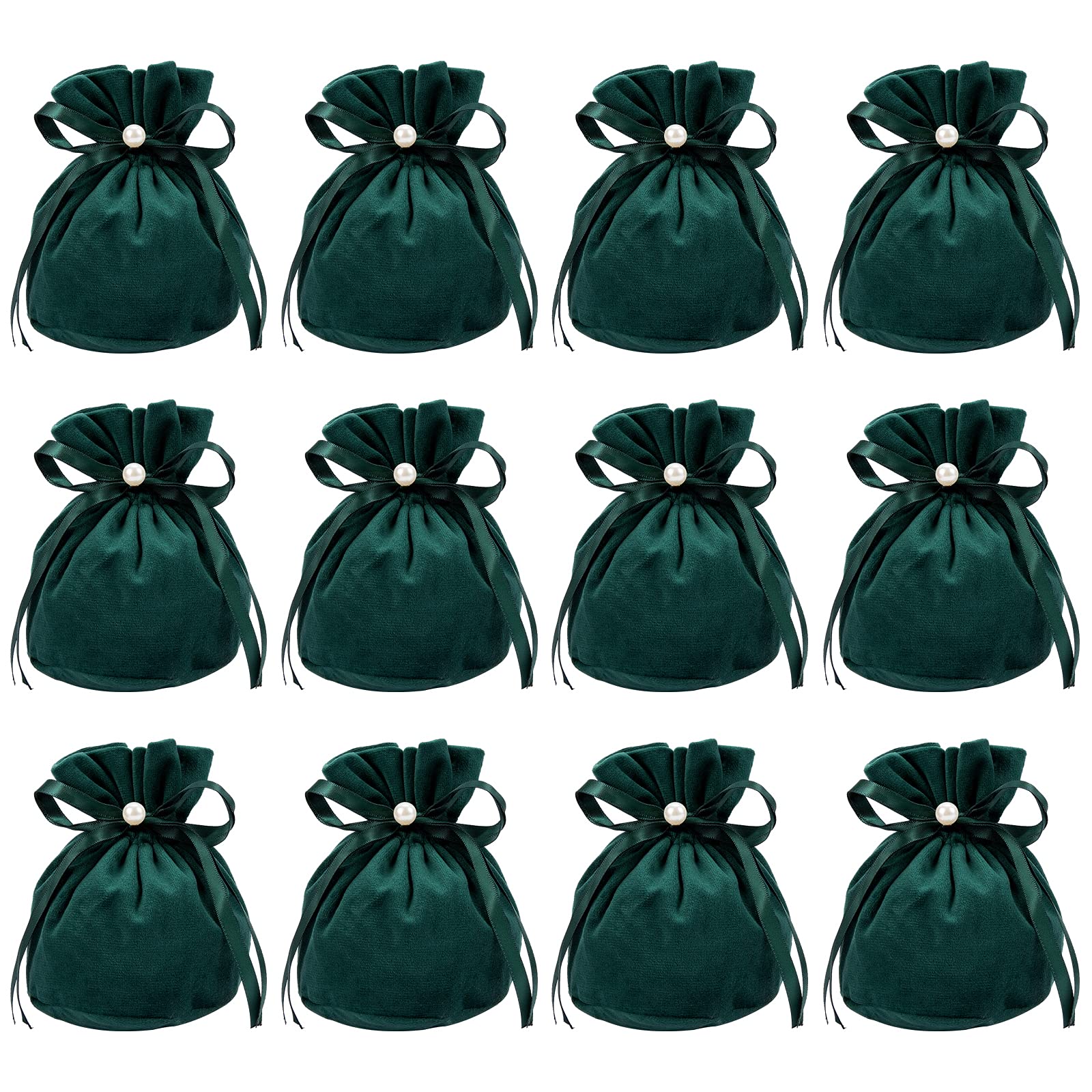 NBEADS 12 Pcs Velvet Bags, Drawstring Jewelry Pouches Plastic Imitation Pearl Gift Bags for Christmas Wedding Birthday Party Favors, Dark Green, 13.2x14cm
