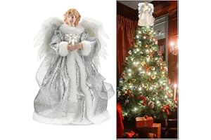 LONGZHUO Christmas Angel Tree Topper, Christmas Tree Topper with LED Light, Angel Christmas Treetop Figurine with Wings, Xmas Treetop Ornament Holiday Decoration Ornament