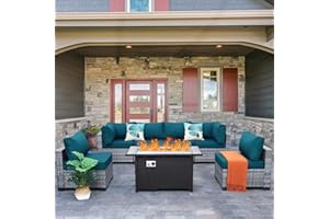 Lviden 7 Pieces Wicker Patio Furniture Set,PE Rattan Outdoor Sectional Conversation Sofa Set with Fire Pit Table, Non-Slip Cushions and Furniture Cover, Peacock Blue