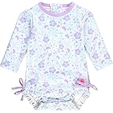 RuffleButts Baby Girls UPF 50+ Sun Protection Floral Printed Long Sleeve One Piece Rash Guard Swimsuit with Zipper