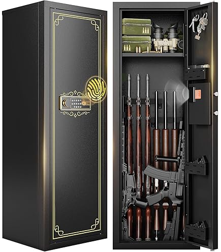 American Furniture Classics 650 Wood Gun Display Cabinet – 8-Gun Capacity, Tempered Glass Door, Locking Ammo Storage, Espresso Brown