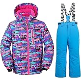 WOWULOVELY Girls Thicken Warm Snowsuit Hooded Ski Jacket Pants 2 Pcs Set Skiing Jacket with Pants