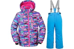 WOWULOVELY Girls Thicken Warm Snowsuit Hooded Ski Jacket Pants 2 Pcs Set Skiing Jacket with Pants