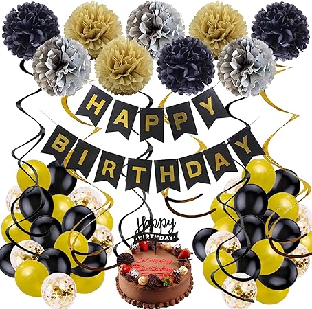 Amazon Pleasure Tao 誕生日 飾り付け バースデー ガーランド 誕生日 バルーン フラワーポンポン スパイラルオーナメント お洒落 かわいい豪華の誕生日パーティー飾り付け セット ブラック 風船 バルーン おもちゃ