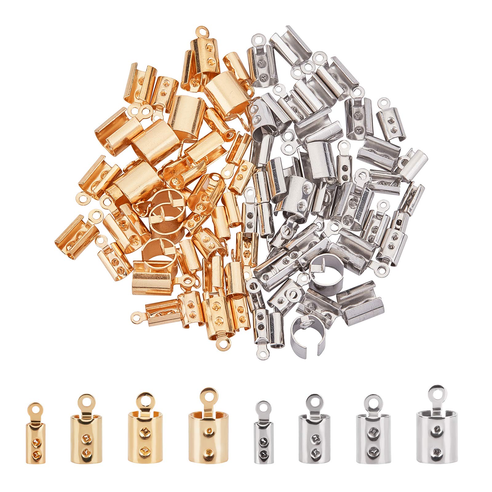 UNICRAFTALE about 80pcs 4 Sizes 2.5/3/4/5.5mm Crimps Ends for Jewelry Making, Golden & Stainless Steel Color Folding Crimp Ends, Fold Over Cord Ends Jewelry Finding Kit for Bracelets