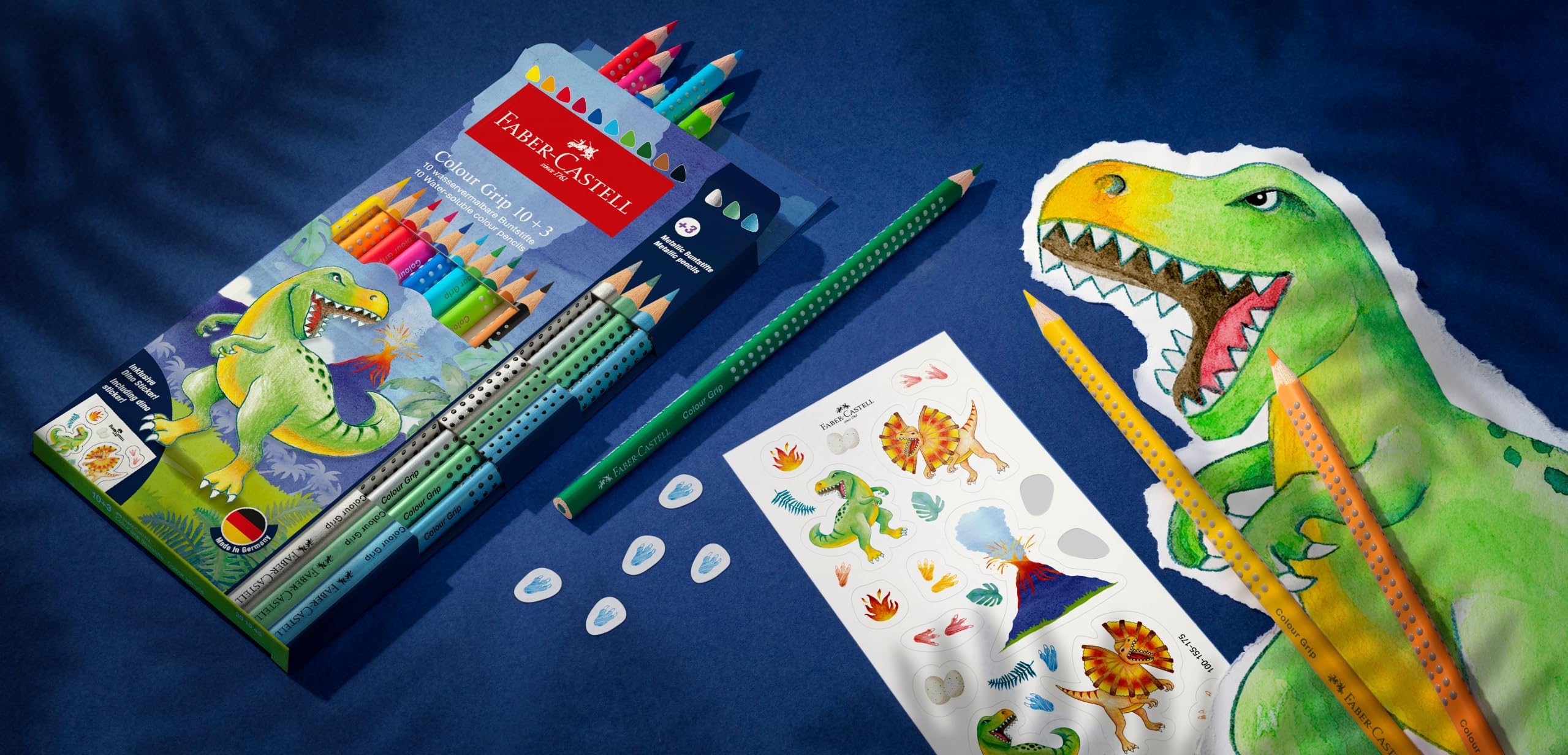 FABER-CASTELL 201545 - Buntstifte Set Dino, 13-teilig, bruchsicher, inkl. 3 Metallic Stifte und Dino Sticker 4