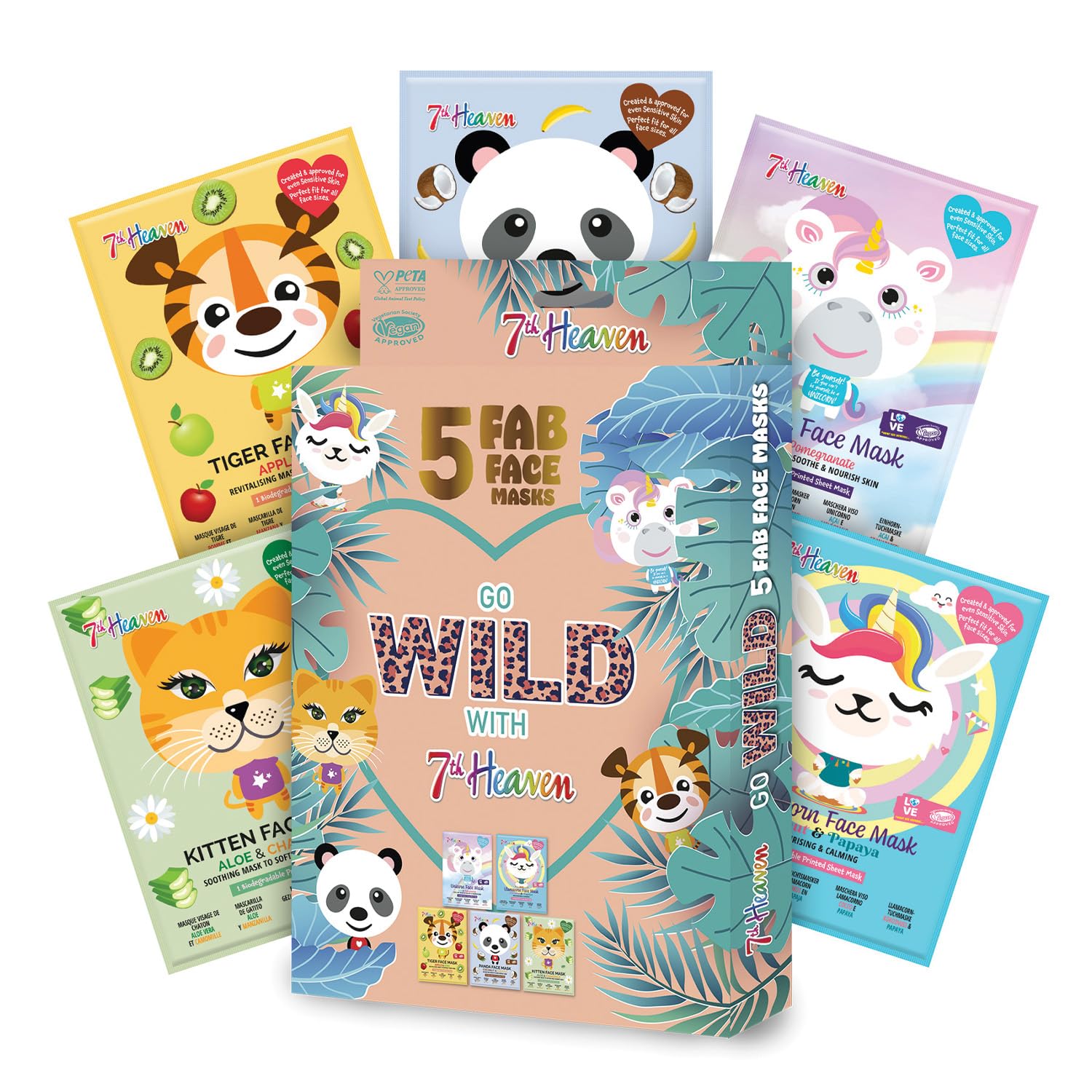 7th Heaven Go Wild Animal Face Sheet Mask Gift Set | 5 Fun Hydrating Face Masks for Kids with Coconut, Apple, Aloe & Banana - Kids Face Masks for Girls Sensitive Skin, Girl Gifts, Childrens Face Masks — image 1